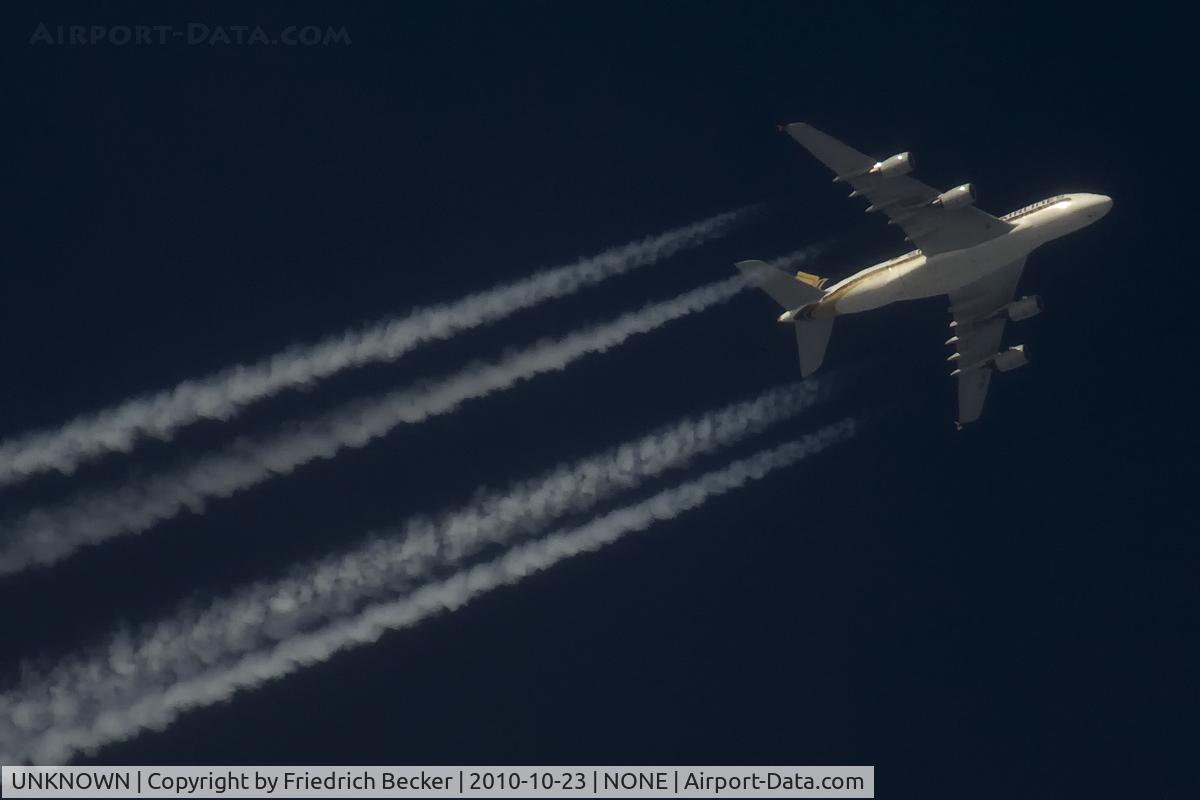 UNKNOWN, Contrails Various C/N Unknown, Singapore Airlines A380 cruises high from Paris back to Asia