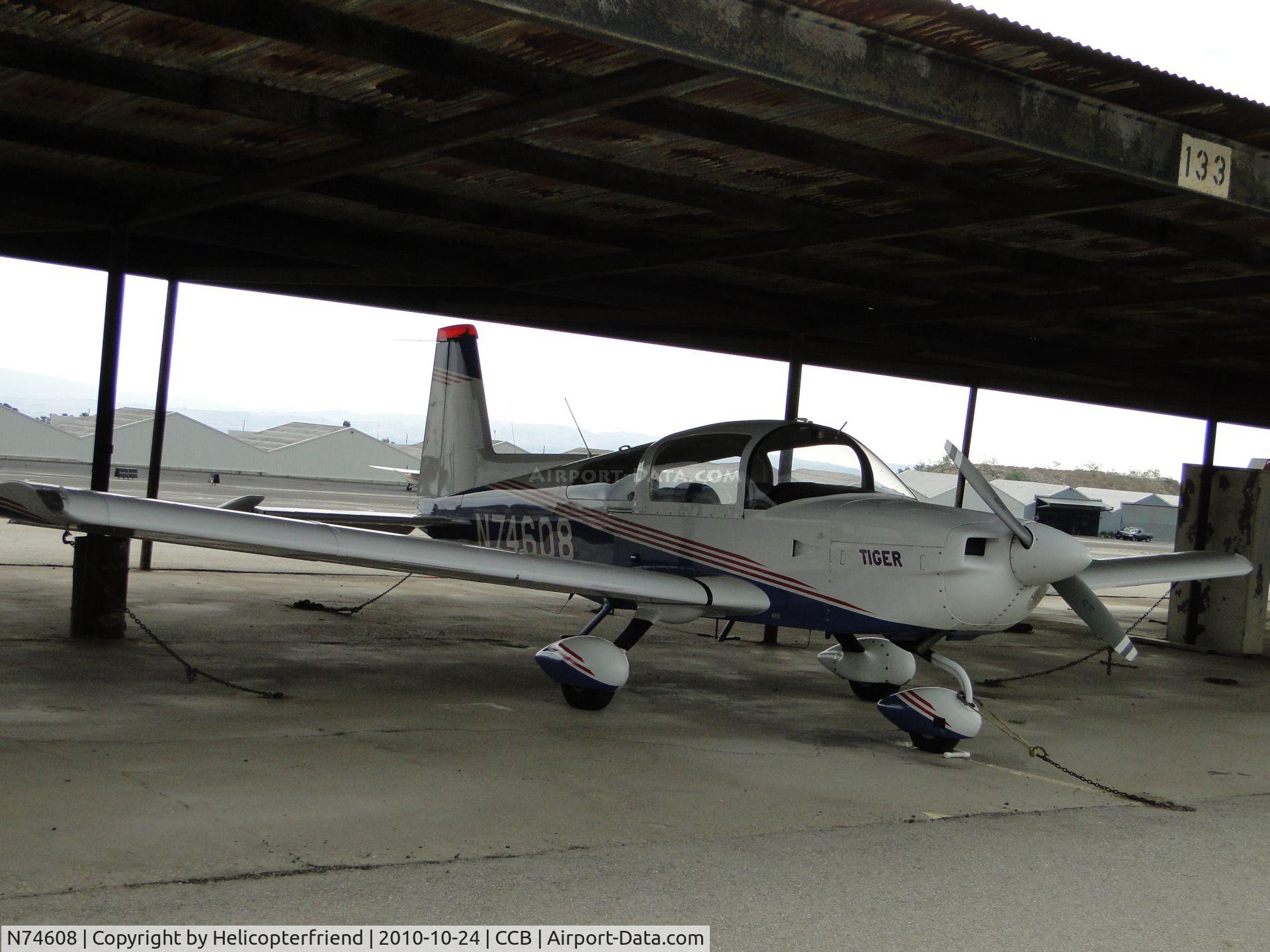 N74608, 1976 Grumman American AA-5B Tiger C/N AA5B0282, Parked under the canopy and tied down