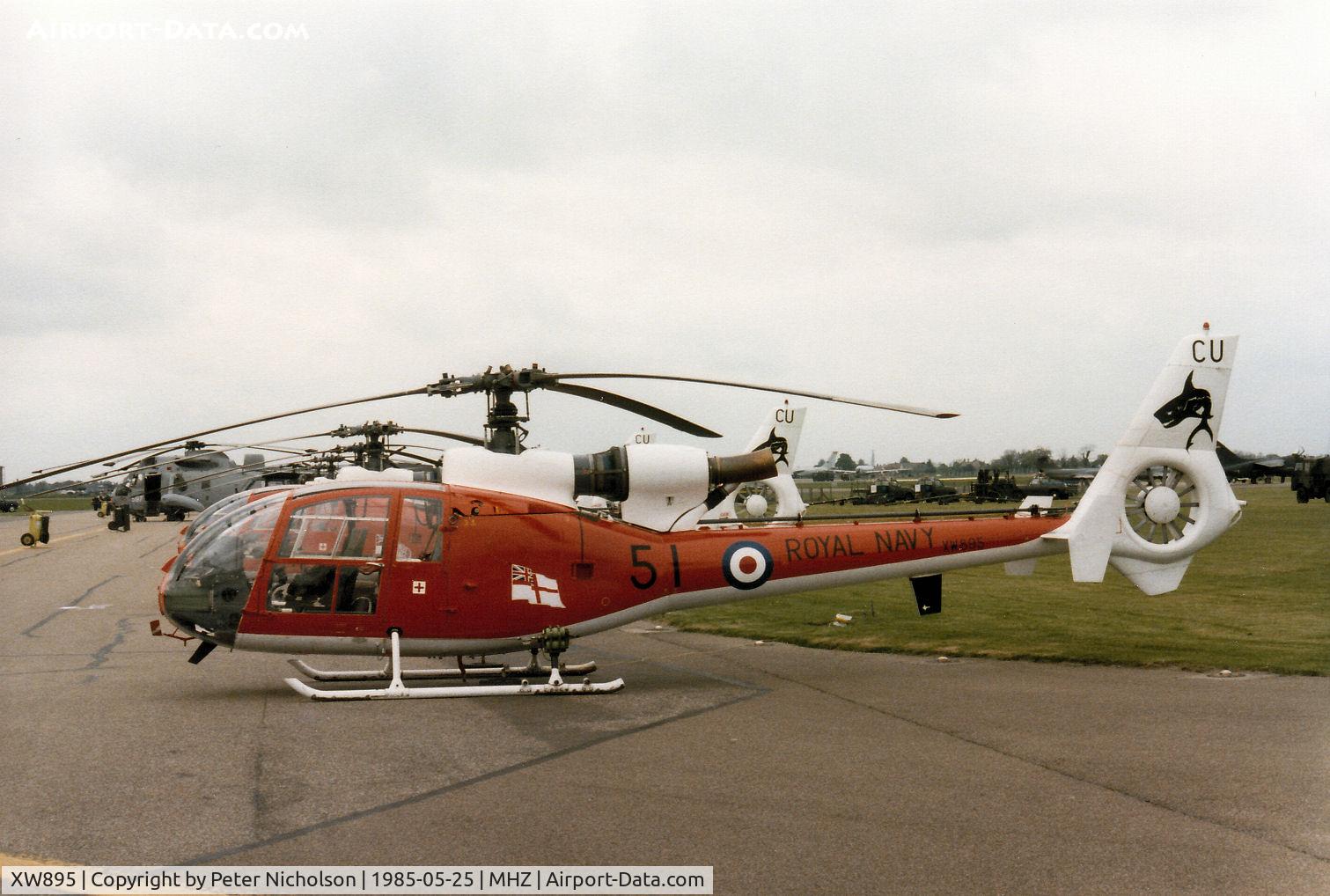 XW895, 1974 Westland SA-341C Gazelle HT2 C/N WA1174, Gazelle HT.2 of the Sharks display team of 705 Squadron at RNAS Culdrose on display at the 1985 RAF Mildenhall Air Fete.