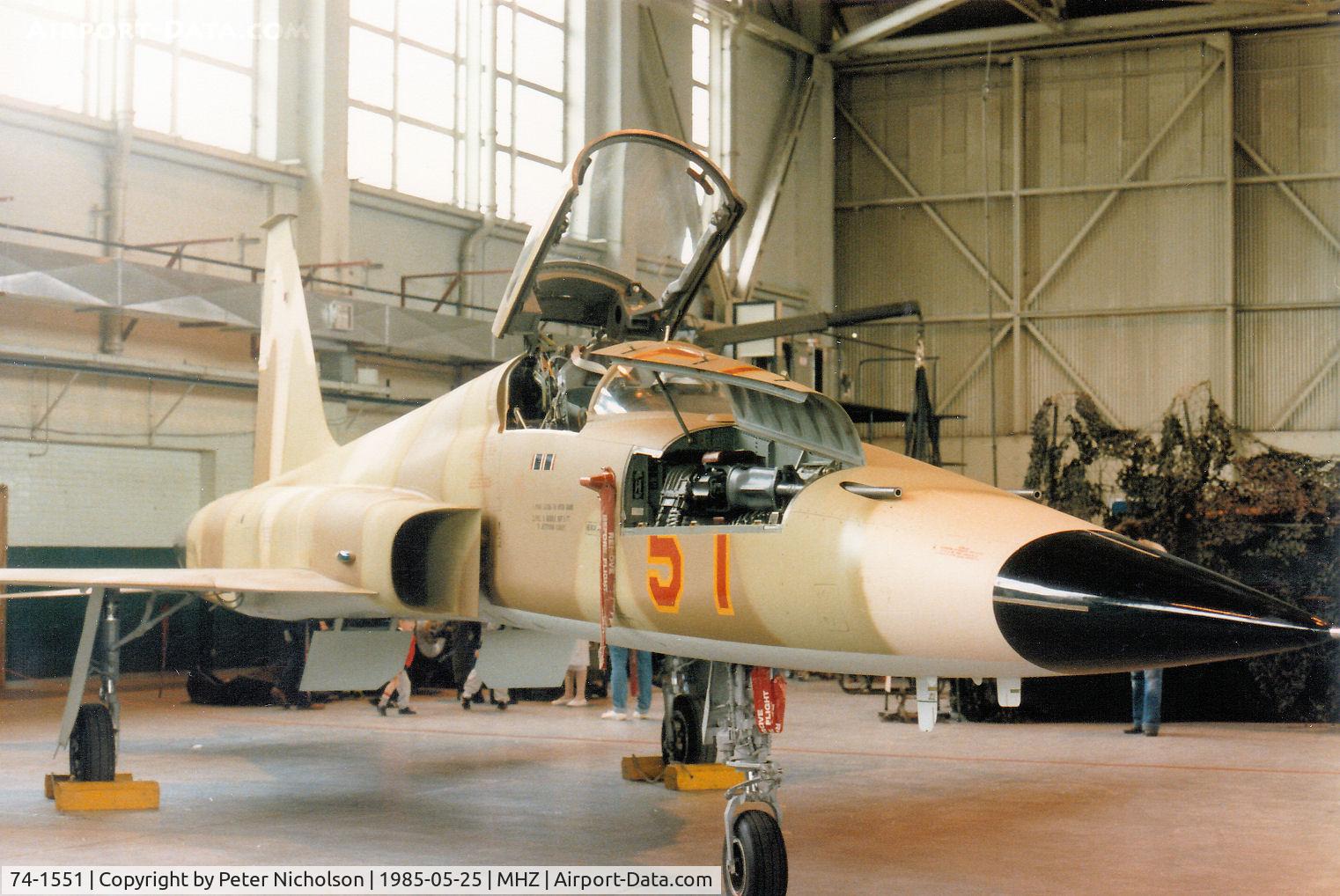 74-1551, 1974 Northrop F-5E Tiger II C/N R.1209, F-5E Tiger II of RAF Alconbury's 527th Aggressor Squadron on display at the 1985 RAF Mildenhall Air Fete.