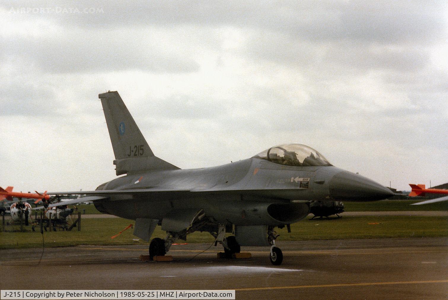 J-215, 1980 Fokker F-16A Fighting Falcon C/N 6D-4, F-16A Falcon of the Training and Conversion Unit (TCA) of the Royal Netherlands Air Force on the flight-line at the 1985 RAF Mildenhall Air Fete.