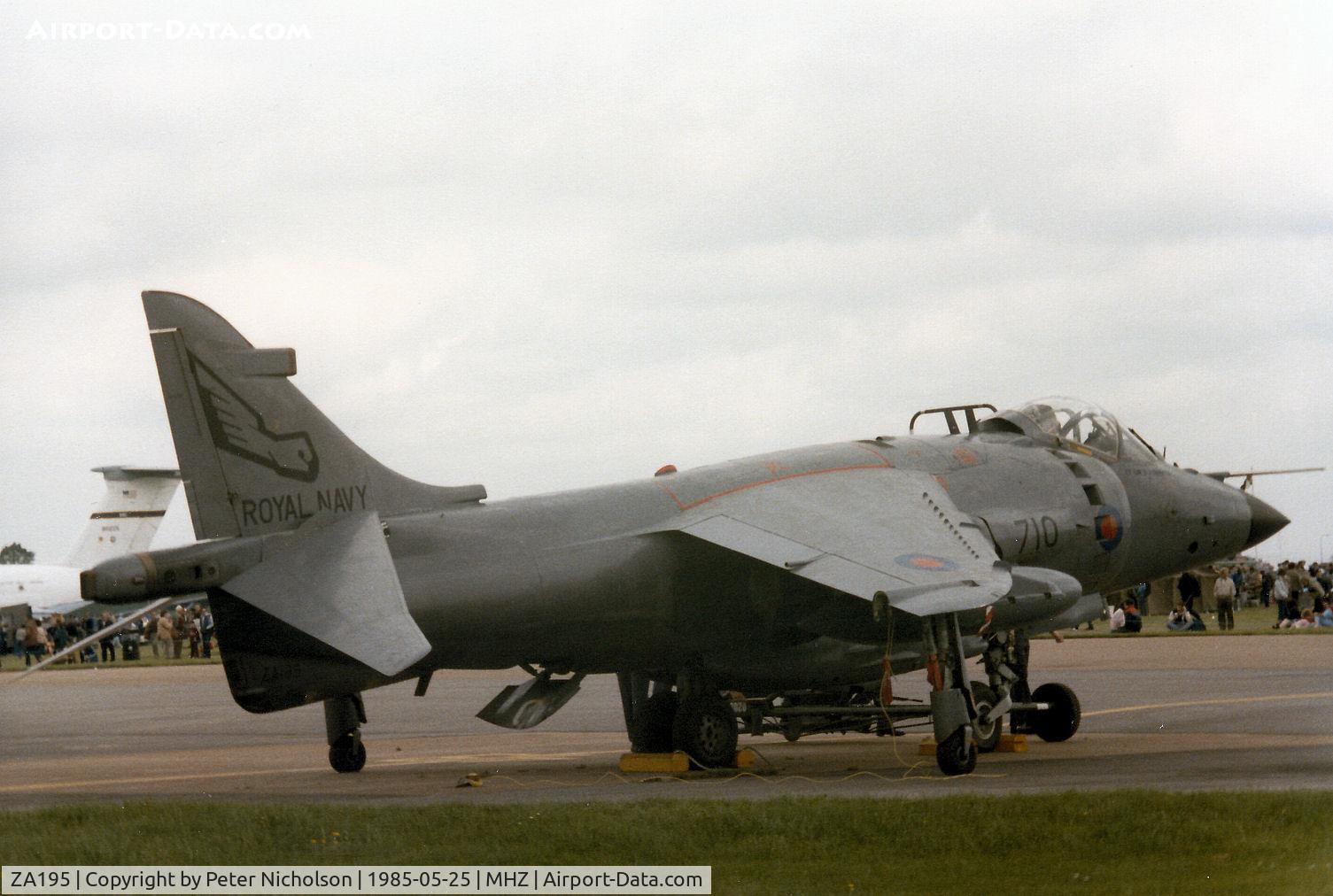 ZA195, 1983 British Aerospace Sea Harrier FRS.1 C/N 41H-912034, Sea Harrier FRS.1 of 899 Squadron at RNAS Yeovilton on display at the 1985 RAF Mildenhall Air Fete.