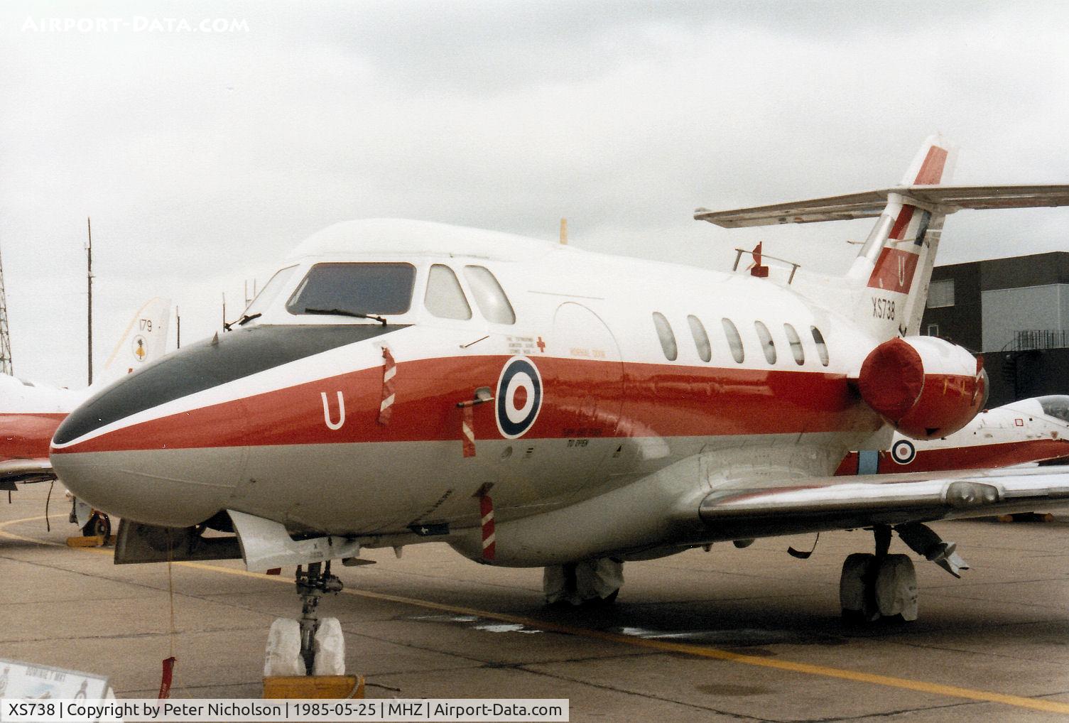 XS738, 1966 Hawker Siddeley HS.125 Dominie T.1 C/N 25077, Dominie T.1 of 6 Flying Training School at RAF Finningley on display at the 1985 RAF Mildenhall Air Fete.