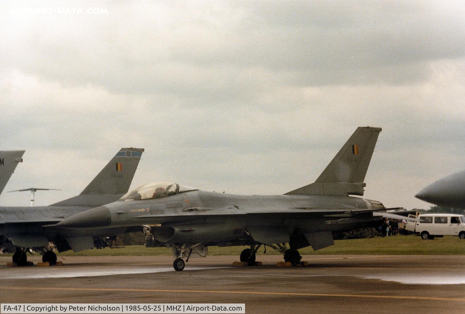 FA-47, SABCA F-16A Fighting Falcon C/N 6H-047, F-16A Falcon of 1 Wing Belgian Air Force on the flight-line at the 1985 RAF Mildenhall Air Fete.