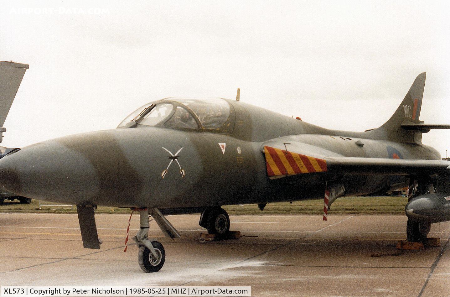 XL573, 1958 Hawker Hunter T.7 C/N HABL-003360, Hunter T.7 of 237 Operational Conversion Unit based at RAF Lossiemouth on display at the 1985 RAF Mildenhall Air Fete.