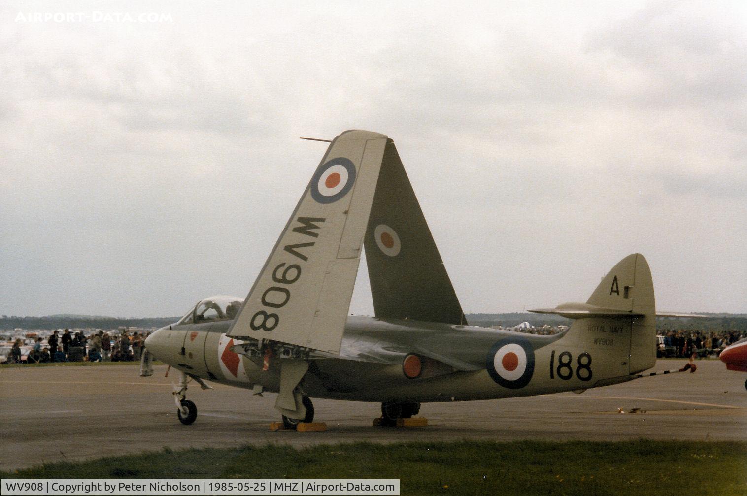 WV908, 1954 Hawker Sea Hawk FGA.6 C/N 6123, The Royal Navy's Historic Flight Sea Hawk FGA.6 on the flight-line at the 1985 RAF Mildenhall Air Fete.