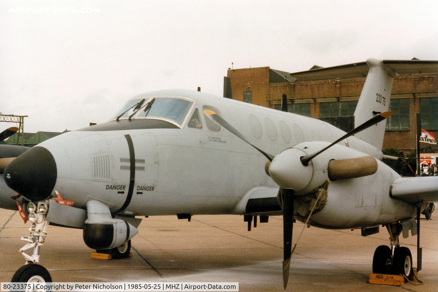 80-23375, 1980 Beech C-12D Huron C/N BP-16, RC-12D Guardrail version of the Huron of 1 Military Intelligence Battalion at Wiesbaden on display at the 1985 RAF Mildenhall Air Fete.