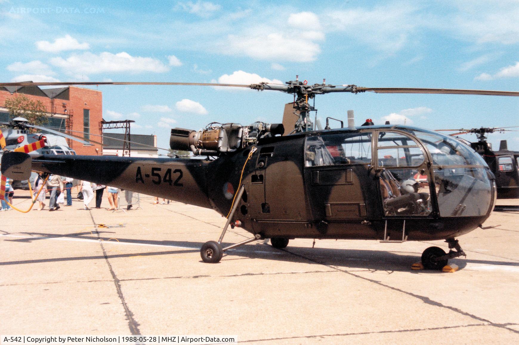 A-542, 1969 Sud SE-3160 Alouette III C/N 1542, Royal Netherlands Air Force Alouette III on display at the 1988 RAF Mildenhall Air Fete.