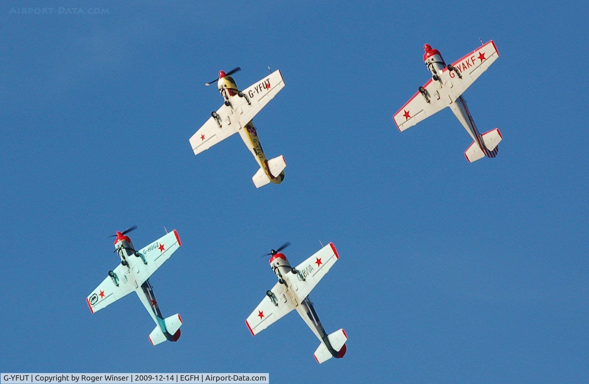 G-YFUT, 1988 Bacau Yak-52 C/N 888410, Leading G-HOGZ, G-YAKF and G-BVVA in formation change practice