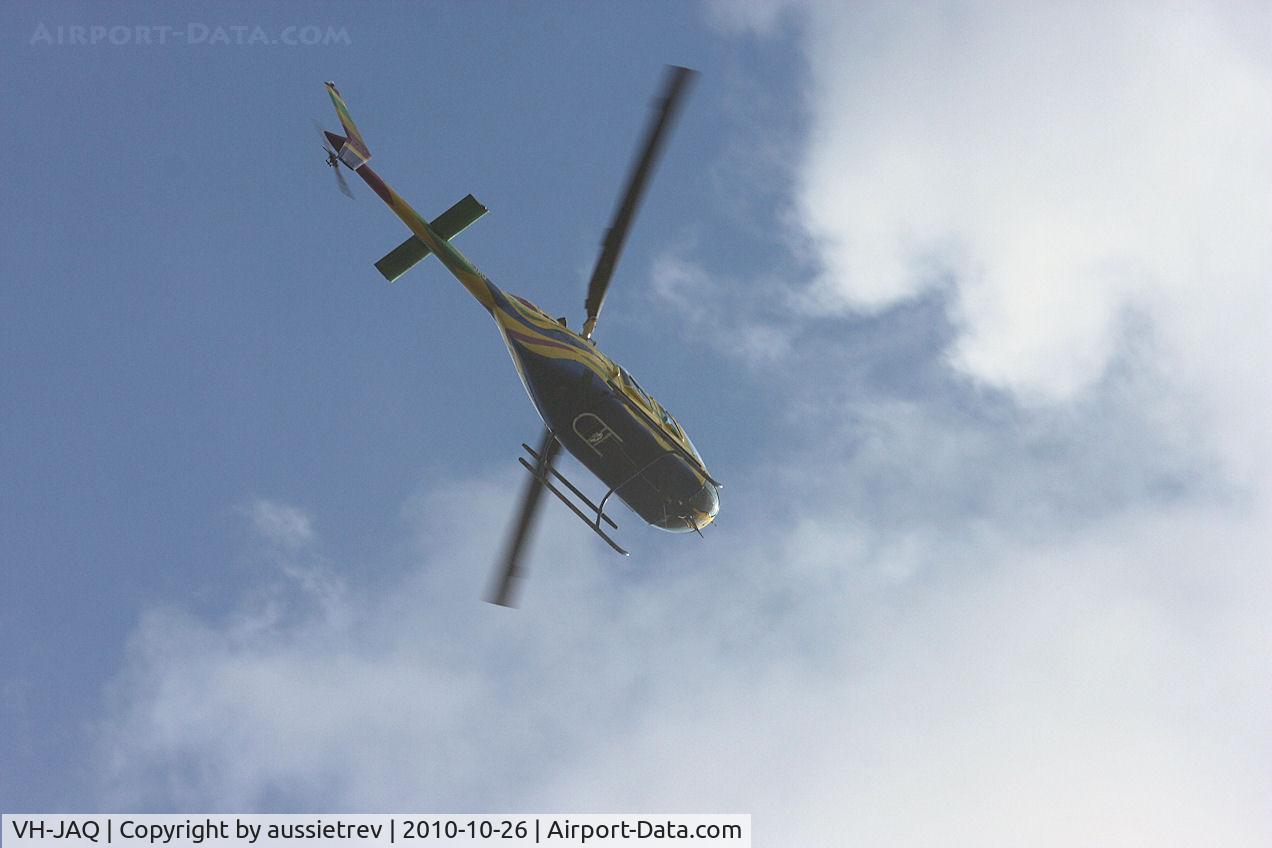 VH-JAQ, 1970 Bell 206B JetRanger II C/N 589, Rotorcraft with skid landing gear
Single Turboshaft engine

Manufacturer: BELL HELICOPTER CO
Model: 206B (II)
Serial number: 589
Aircraft first registered in Australia: 25 October 1999

Overflying my property very low at 6:30AM, not impressed West
