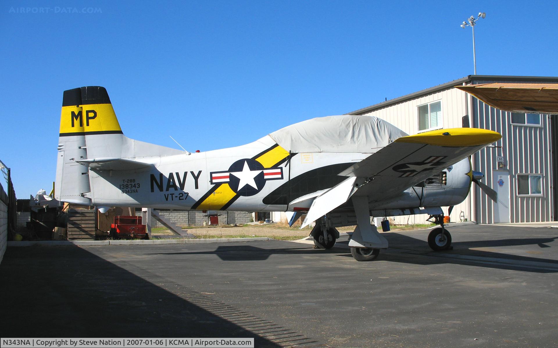 N343NA, 1955 North American T-28B Trojan C/N 200-414, Locally-based North American T-28B BuAer 138343 wears interesting colors = VT-27 titles and MP tail code (must be a story here)