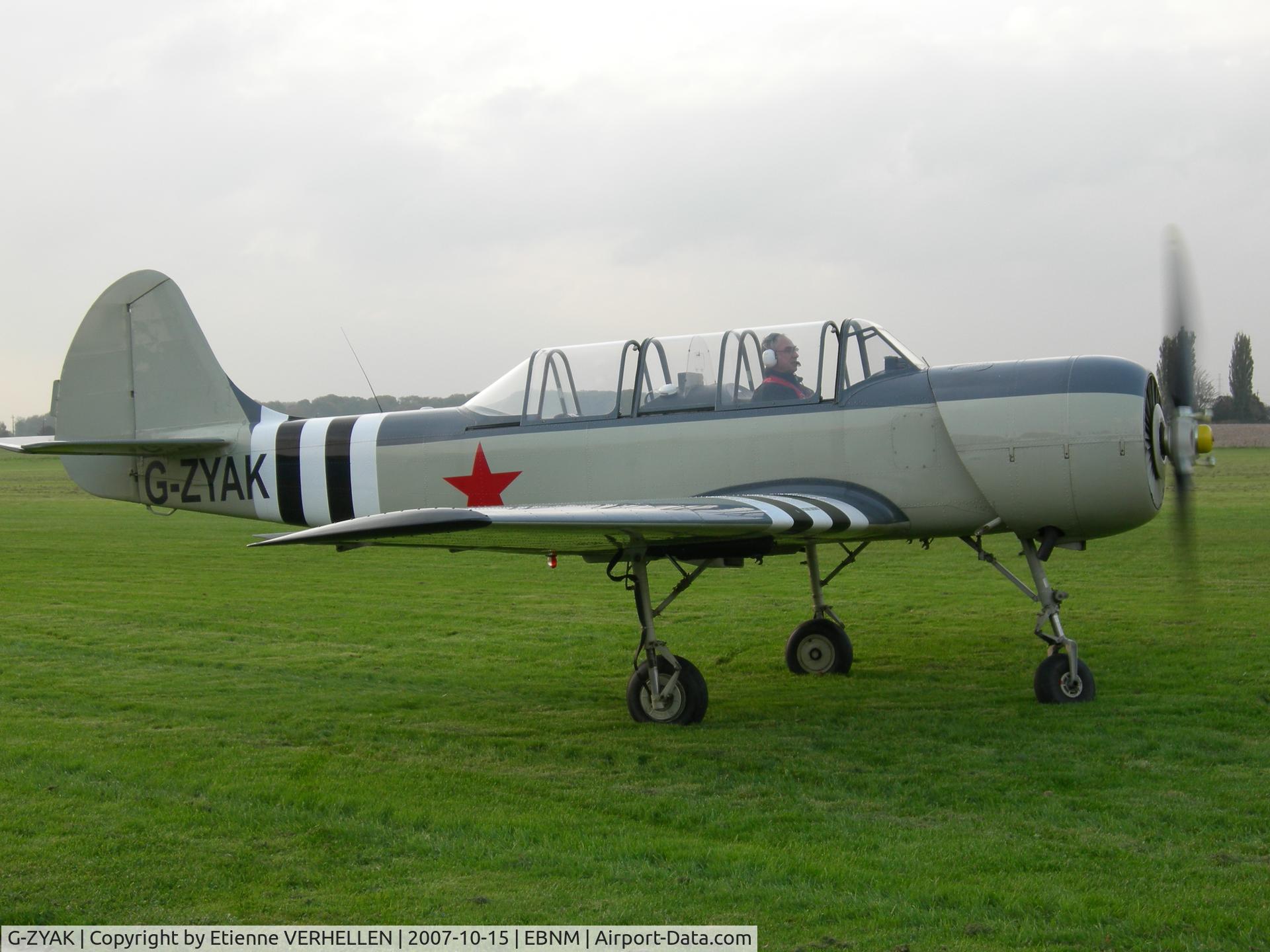 G-ZYAK, 1987 Bacau Yak-52 C/N 877415, cn 877415
Wearing a composit paint scheme based on a UK Navy livery but with Russian national markings. Previously registered LY-AFK