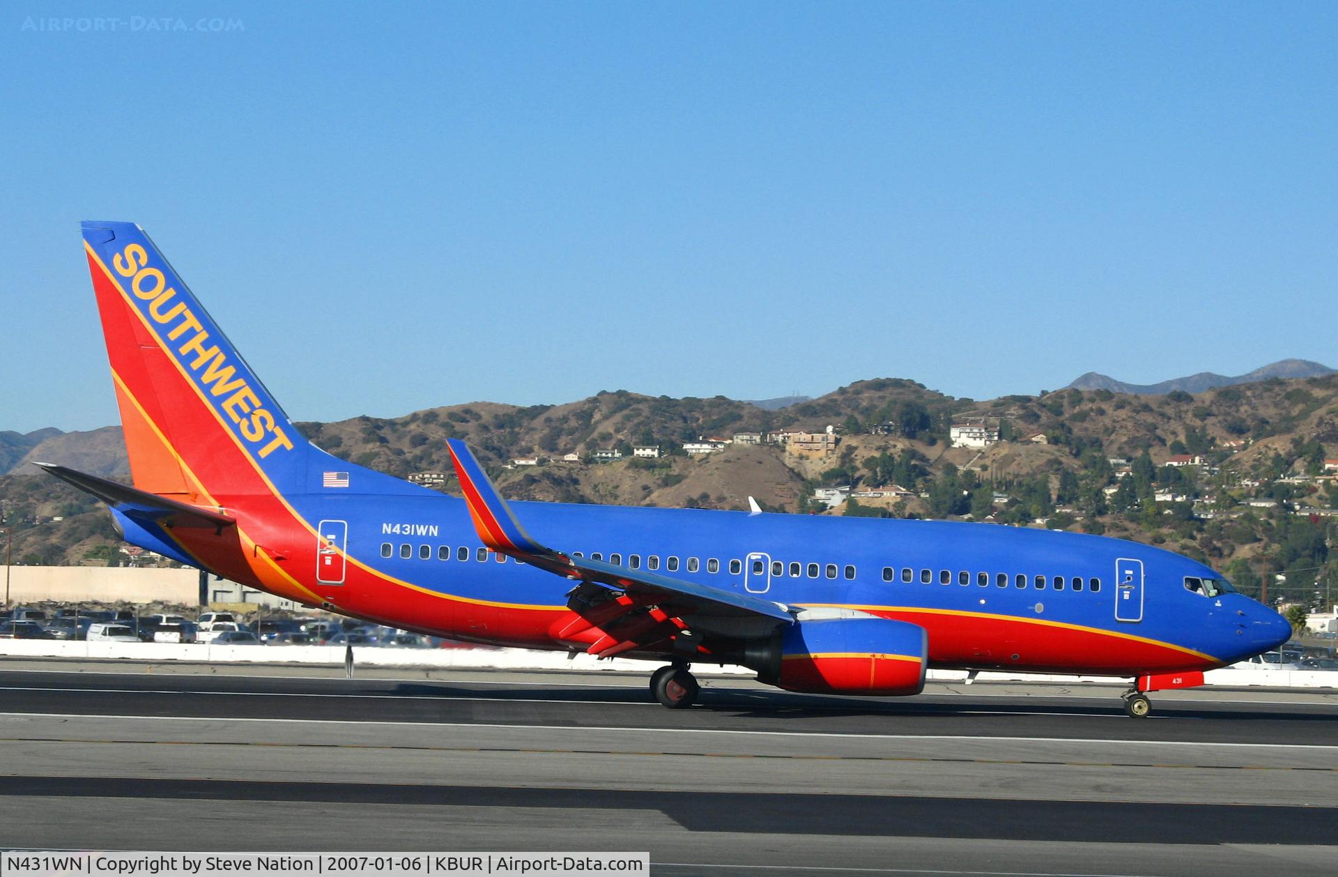 N431WN, 2002 Boeing 737-7H4 C/N 29845, Southwest 2002 737-7H4 arriving at Bob Hope Airport