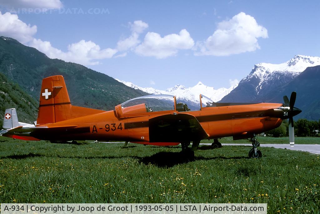 A-934, 1983 Pilatus PC-7 Turbo Trainer C/N 342, One of the most beautiful airfields to take pictures was Raron the the Rhone valley. No fences and this mountenous background offered great opportunities.  It was closed in 1993.