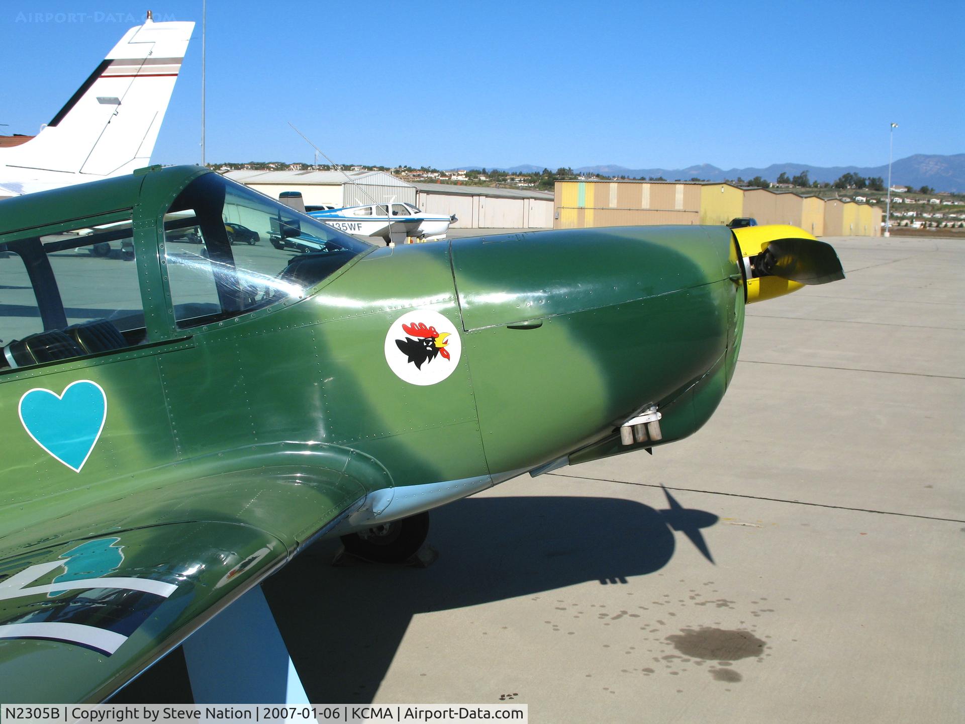 N2305B, 1948 Temco GC-1B Swift C/N 3605, CLOSE-UP of Rooster nose art on wanna be Luftwaffe Temco GC-1B photographed at Camarillo Airport, CA home base on balmy, sunny January 2007 picture postcard day