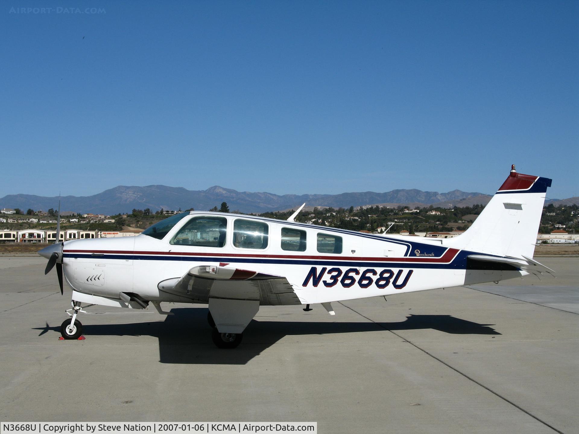 N3668U, 1980 Beech A36 Bonanza 36 C/N E-1701, 1980 Beech A36 basking on sunny, balmy visitors ramp on at Camarillo Airport in early Jan 2007