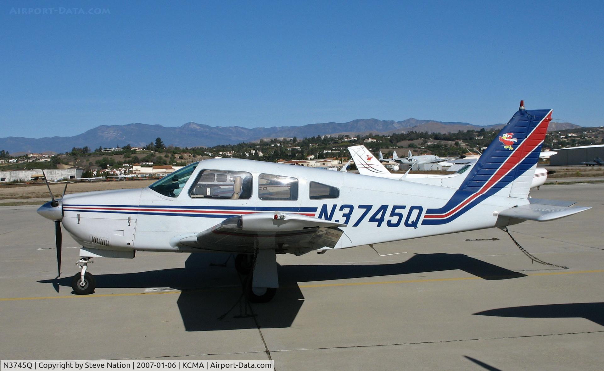 N3745Q, Piper PA-28R-201 Cherokee Arrow III C/N 28R-7737058, Piper PA-28R-201 Arrow basking on sunny, balmy home ramp at Camarillo Airport in early Jan 2007 (she likes sunshine, I guess - sold to owner in Florida earlier this year)
