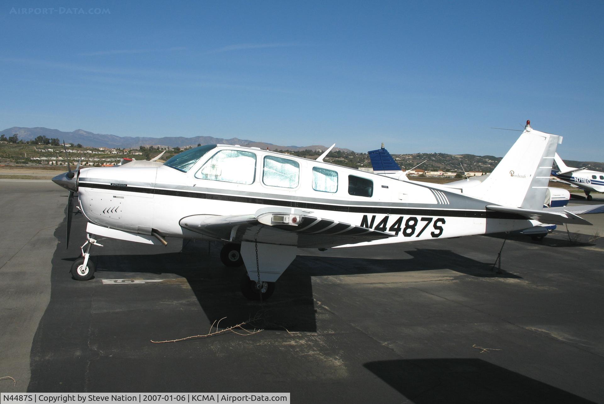 N4487S, 1975 Beech A36 Bonanza 36 C/N E-708, Sharp looking 1975 Beech A36 on sunny, balmy home ramp at Camarillo Airport in early Jan 2007