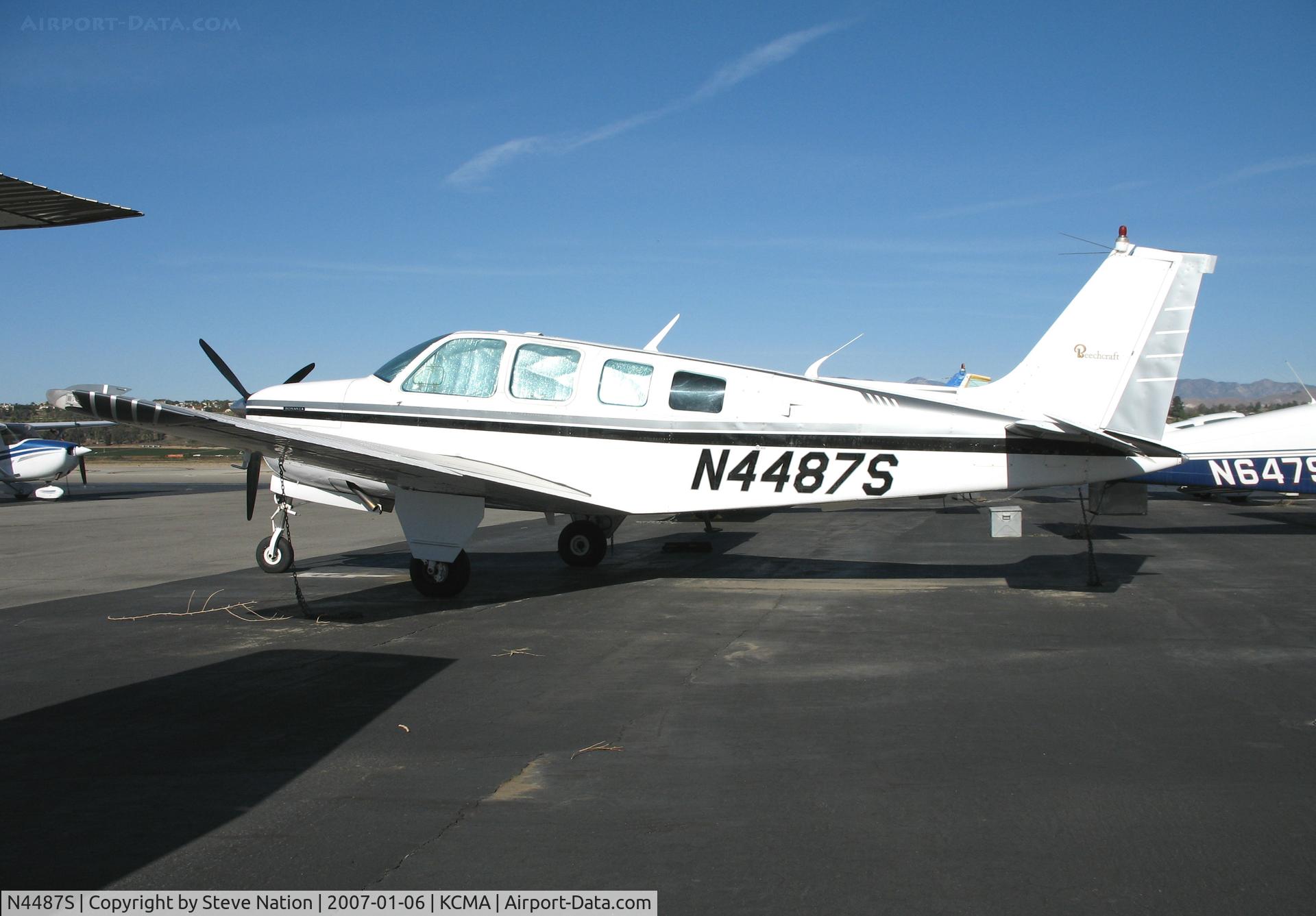 N4487S, 1975 Beech A36 Bonanza 36 C/N E-708, Sharp looking 1975 Beech A36 on sunny, balmy home ramp at Camarillo Airport in early Jan 2007
