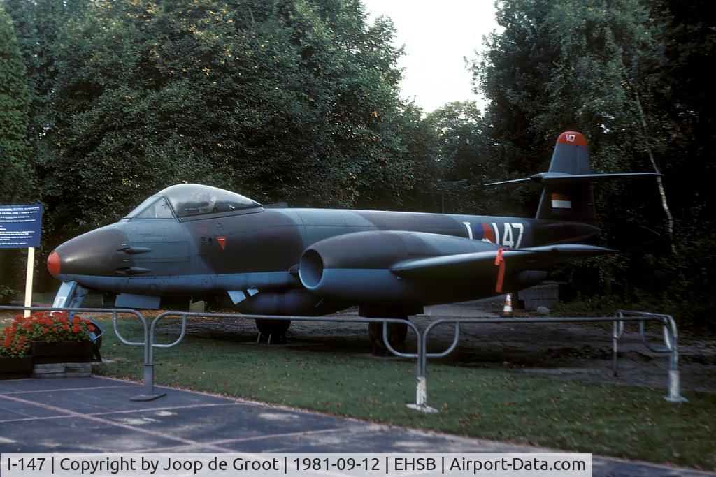 I-147, 1953 Gloster Meteor F.8 C/N 6466, Before transfer to Lelystad this Meteor functioned as gateguard at Soesterberg. It was seen during the open house of 1981. I-147 is a fake serial for this airframe.