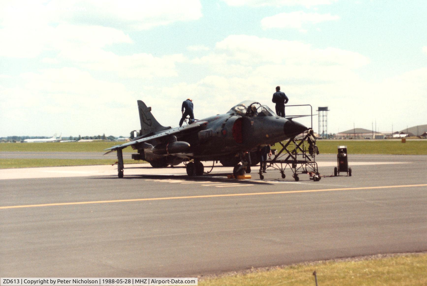 ZD613, 1985 British Aerospace Sea Harrier FRS.1 C/N 41H-912052/B46/P16, Sea Harrier FRS.1 of 899 Squadron on the flight-line at the 1988 RAF Mildenhall Air Fete.