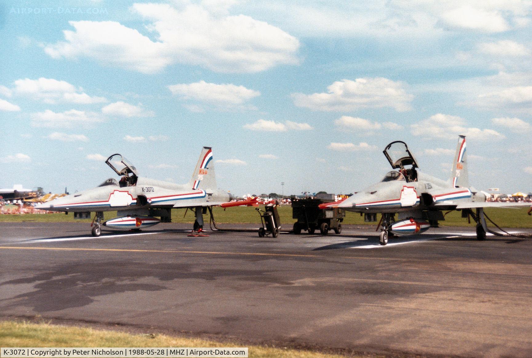 K-3072, 1972 Canadair NF-5A Freedom Fighter C/N 3072, NF-5A Freedom Fighter of the Royal Netherlands Air Force's Double Dutch aerobatic display team  on the flight-line at the 1988 RAF Mildenhall Air Fete.