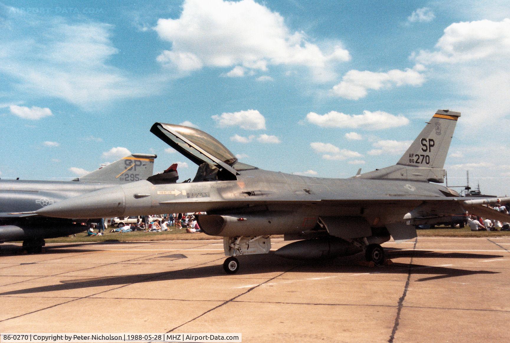 86-0270, 1986 General Dynamics F-16C Fighting Falcon C/N 5C-376, F-16C Falcon of 81st Tactical Fighter Squadron/52nd Tactical Fighter Wing based at Spangdahlem on display at the 1988 RAF Mildenhall Air Fete.