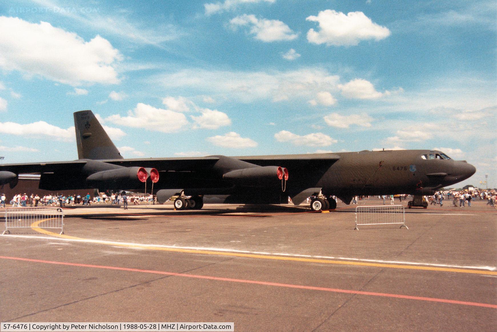 57-6476, 1957 Boeing B-52G Stratofortress C/N 464181, B-52G Stratofortress of Barksdale AFB's 2nd Bombardment Wing on display at the 1988 RAF Mildenhall Air Fete.
