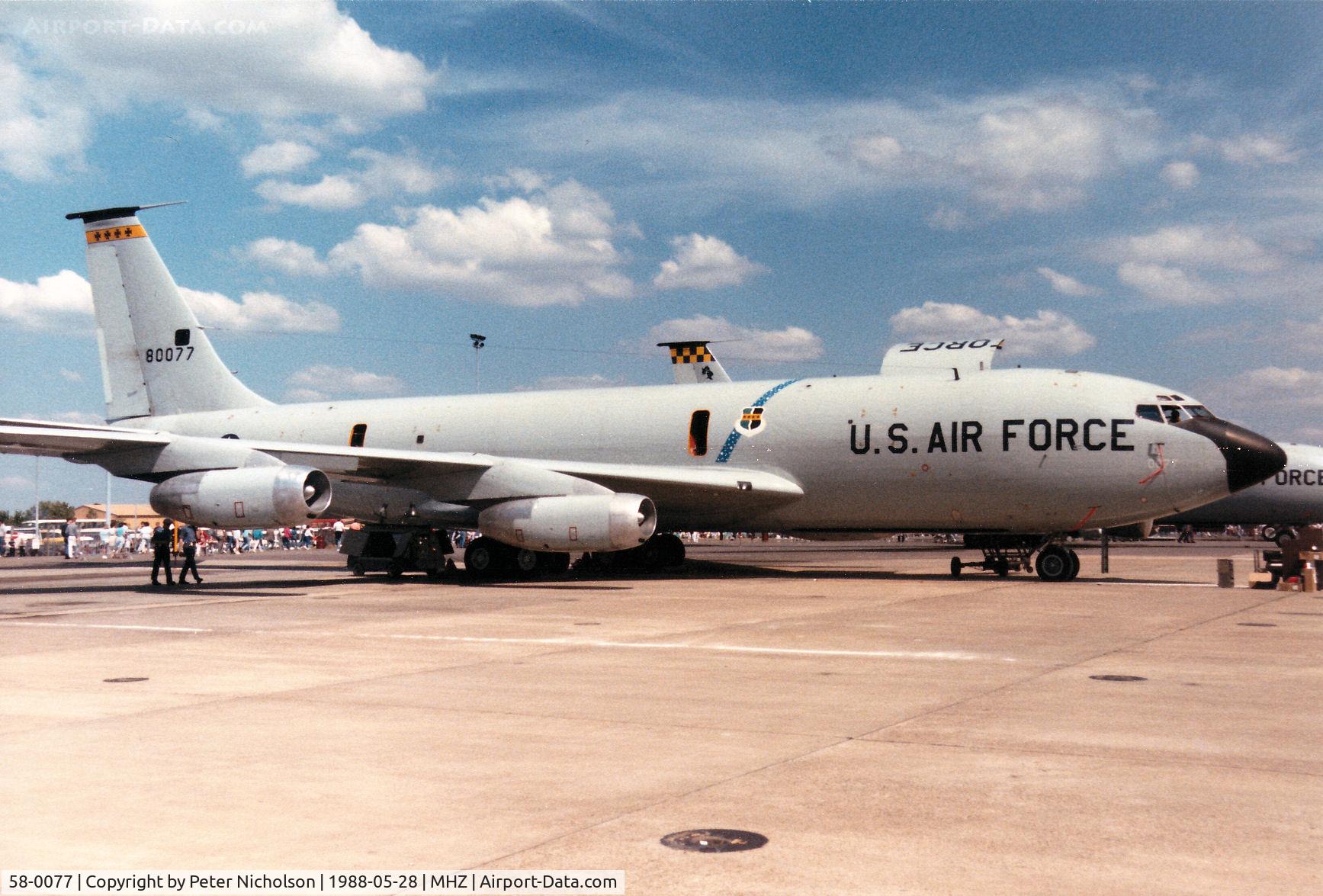 58-0077, 1958 Boeing KC-135Q Stratotanker C/N 17822, KC-135Q Stratotanker of 9th Strategic Reconnaissance Wing at Beale AFB on display at the 1988 RAF Mildenhall Air Fete. This model of the KC-135 supported Blackbird operations at the base.