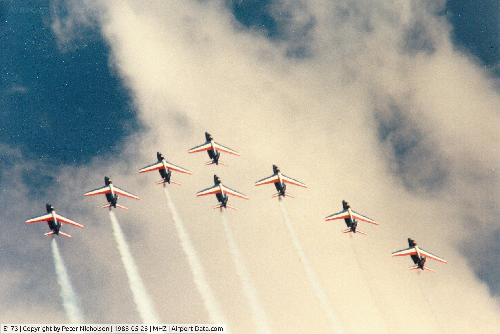 E173, Dassault-Dornier Alpha Jet E C/N E173, Lead aircraft of the Patrouille de France aerobatic display team in action at the 1988 RAF Mildenhall Air Fete.