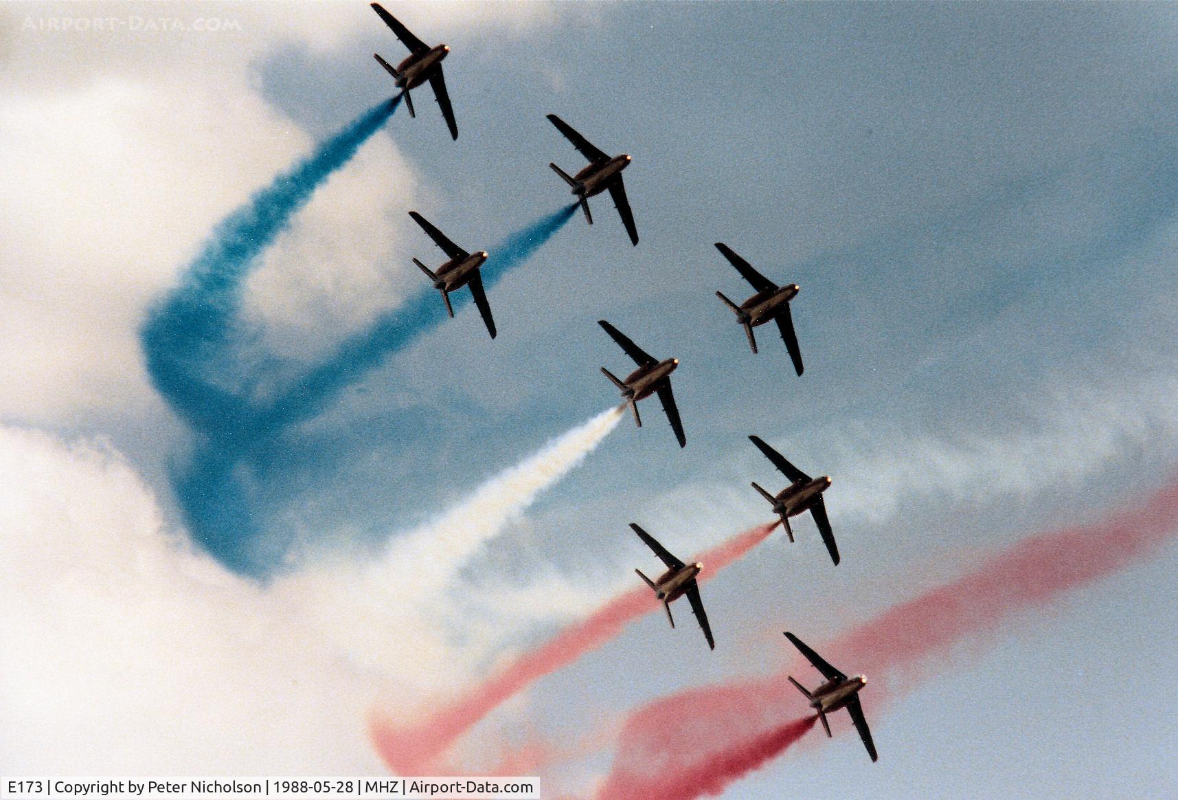 E173, Dassault-Dornier Alpha Jet E C/N E173, Aircraft number 1 leading the Patrouille de France aerobatic display team at the 1988 RAF Mildenhall Air Fete.