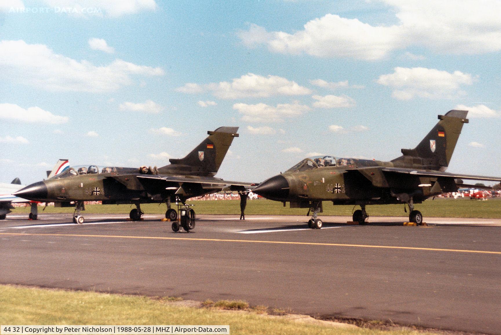 44 32, Panavia Tornado IDS C/N 335/GS093/4132, Tornado IDS of German Air Force's JBG-31 with companion 44+28 on the flight-line at the 1988 RAF Mildenhall Air Fete.