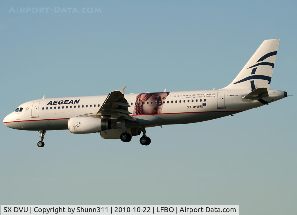 SX-DVU, 2009 Airbus A320-232 C/N 3753, Landing rwy 14R with special markings on left side only...