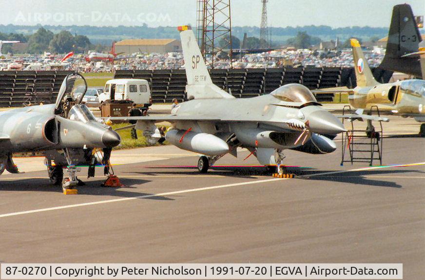 87-0270, 1987 General Dynamics F-16C Fighting Falcon C/N 5C-531, F-16C Falcon, callsign Auger 1, of 480th Tactical Fighter Squadron/52nd Tactical Fighter Wing based at Spangdahlem on the flight-line at the 1991 Intnl Air Tattoo at RAF Fairford.