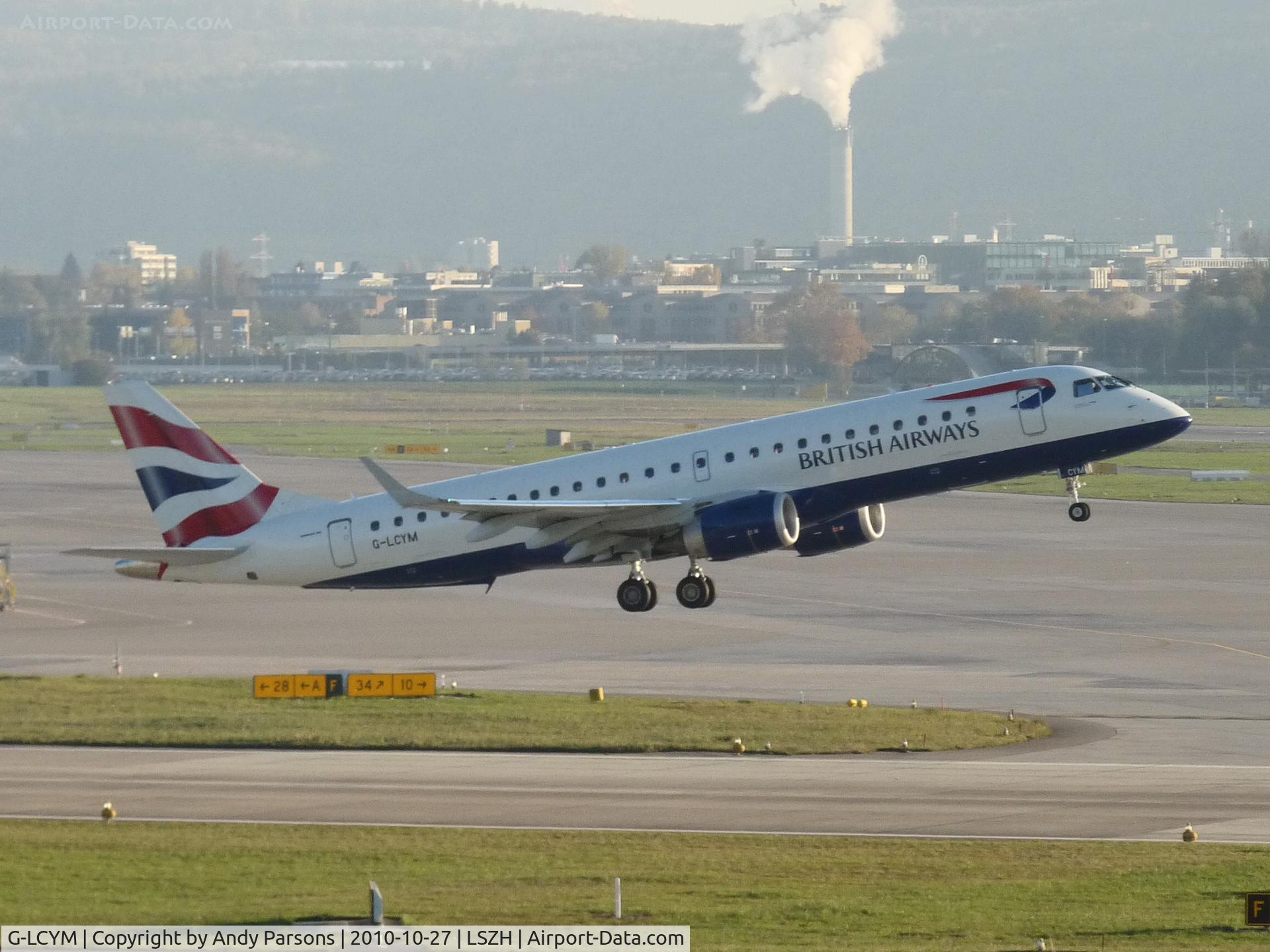 G-LCYM, 2010 Embraer 190SR (ERJ-190-100SR) C/N 19000351, Departing Zurich