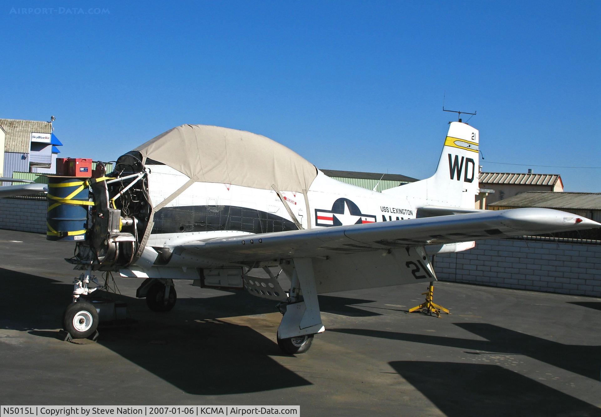 N5015L, 1993 North American T-28A Trojan C/N 557 (174-164), T-28A painted in gull gray NAVY colors USS Lexington WD/21 (painted as NX5015L) at Camarillo Airport (CA) home base on sunny, balmy January day - check out experimental engine :-)