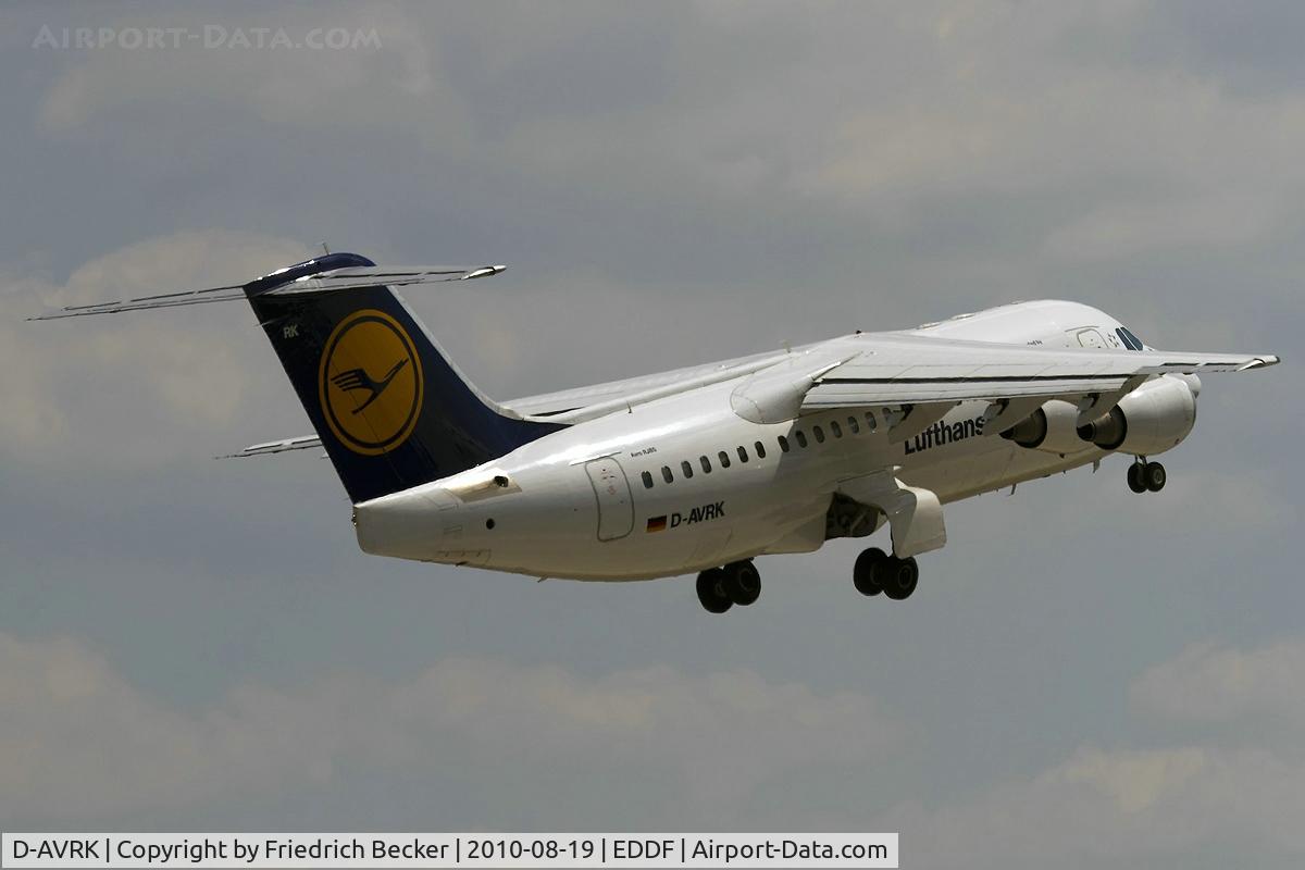 D-AVRK, 1996 British Aerospace Avro 146-RJ85 C/N E.2278, departing via RW18W