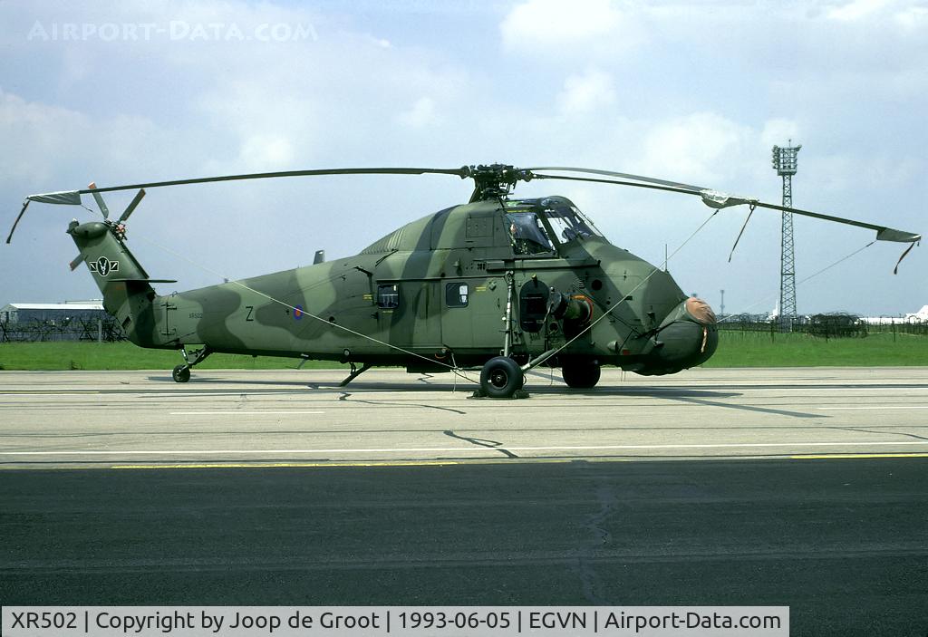 XR502, 1969 Westland Wessex HC.2 C/N WA127, Marked in the colors of 60 Sq, that flew Andovers and Pembrokes out of RAF Wildenrath some years earlier. Seen at the 1993 photo call.