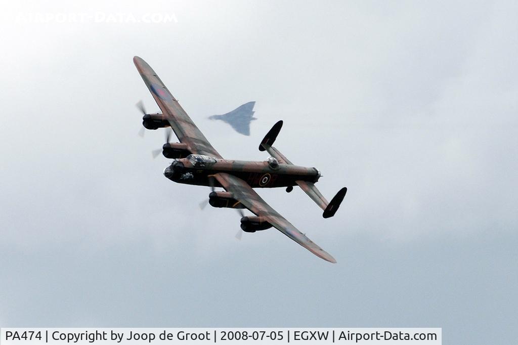 PA474, 1945 Avro 683 Lancaster B1 C/N VACH0052/D2973, while the BoBMF Lancaster performs its display Vulcan XH558 approaches in the distance. Two iconic AVRO bombers caught in one picture.