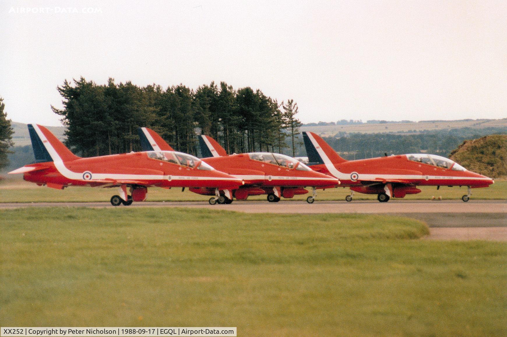 XX252, 1979 Hawker Siddeley Hawk T.1A C/N 088/312088/0570, Quartet of the Red Arrows aerobatic display team preparing to launch into their display at the 1988 RAF Leuchars Airshow.