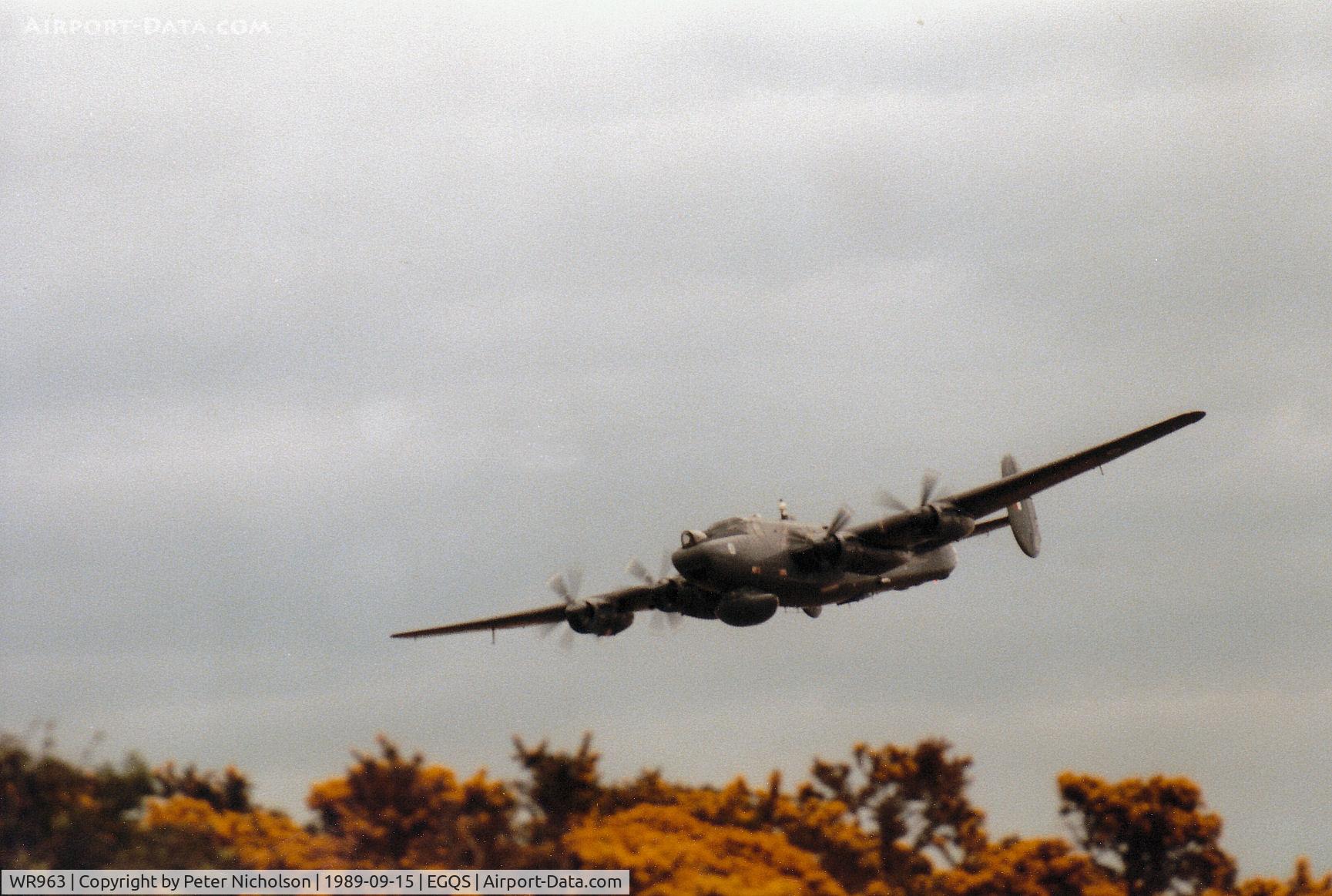 WR963, 1954 Avro 696 Shackleton AEW.2 C/N Not found WR963, Shackleton AEW.2 of 8 Squadron on a low approach at RAF Lossiemouth in May 1989.