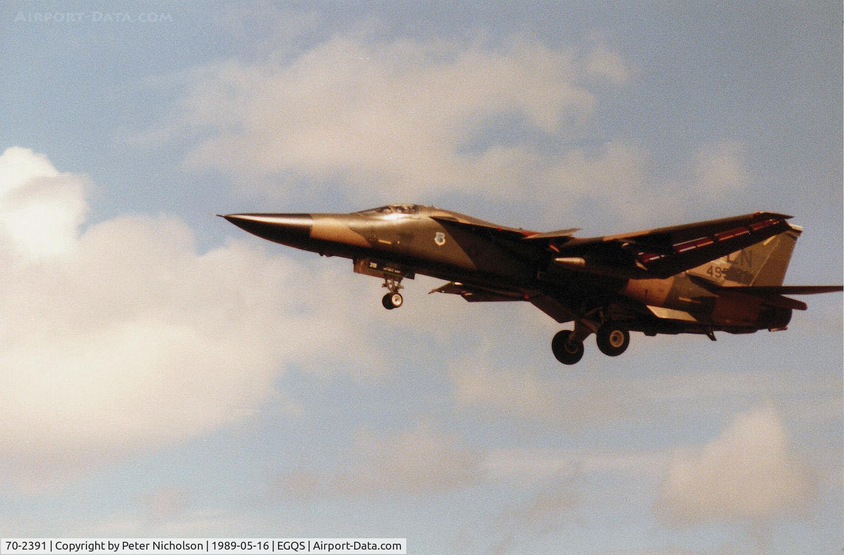 70-2391, 1970 General Dynamics F-111F Aardvark C/N E2-30, F-111F of 495th Tactical Fighter Squadron of the 48th Tactical Fighter Wing based at RAF Lakenheath on final approach to RAF Lossiemouth in May 1989.