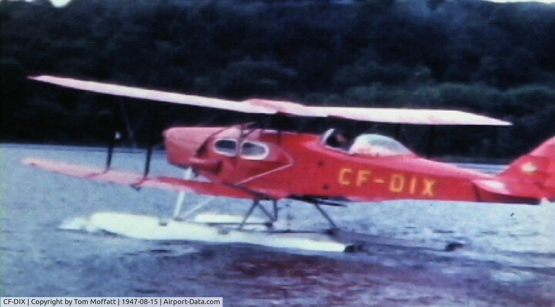 CF-DIX, 1946 De Havilland DH-83C Fox Moth C/N FM24, CF-DIX on pontoons, owned by Muskoka Air Trails based in Hunstville, Ontario. Photo taken at Cedar Grove, a rustic resort on Peninsula Lake, 12 miles from Huntsville, in August 1947. This is a freeze-frame from a digitized 8mm. movie.