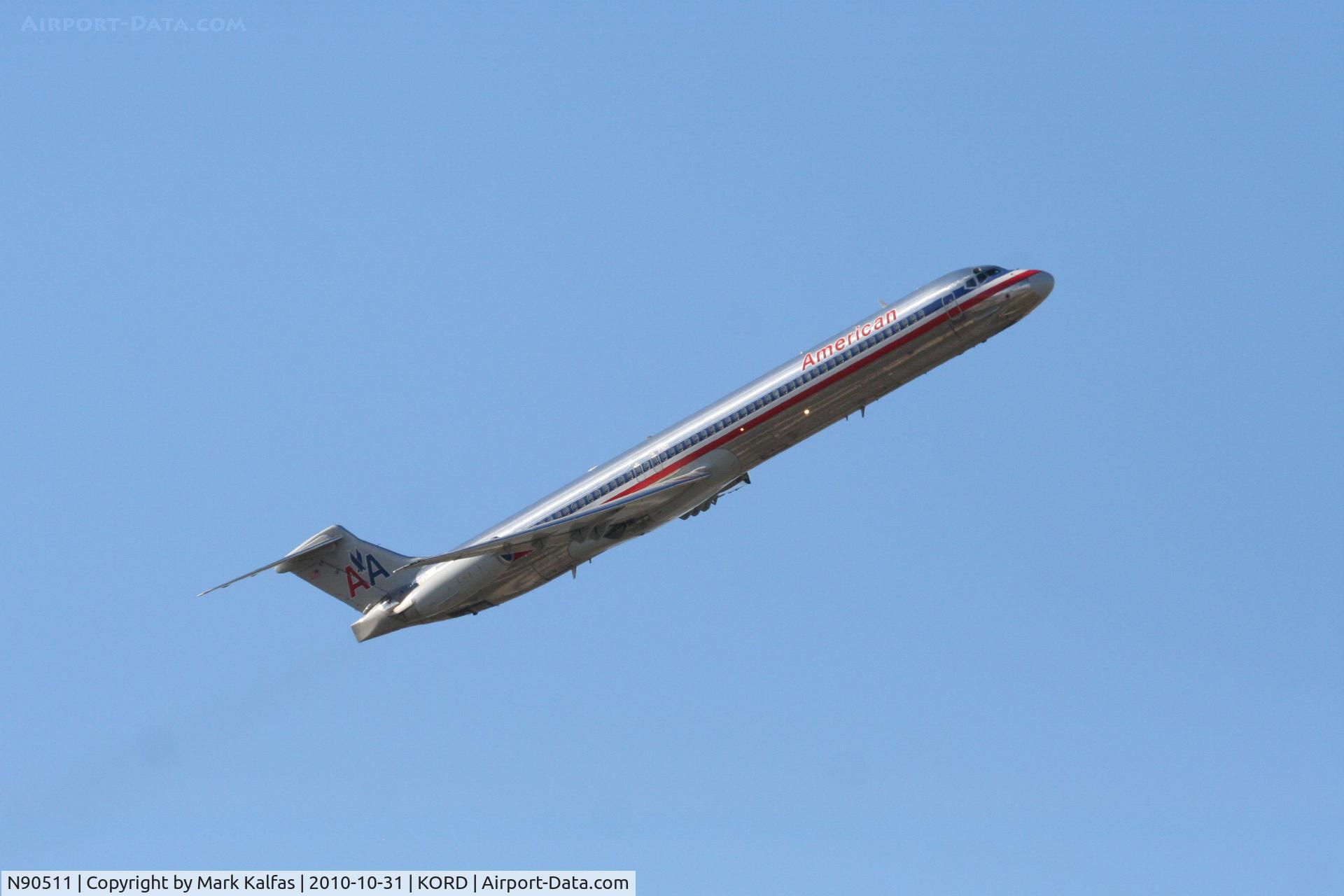 N90511, 1989 McDonnell Douglas MD-82 (DC-9-82) C/N 49805, American Airlines Mcdonnell Douglas DC-9-82, AAL360, with a right crosswind departure 32R KORD en-route to KLGA.