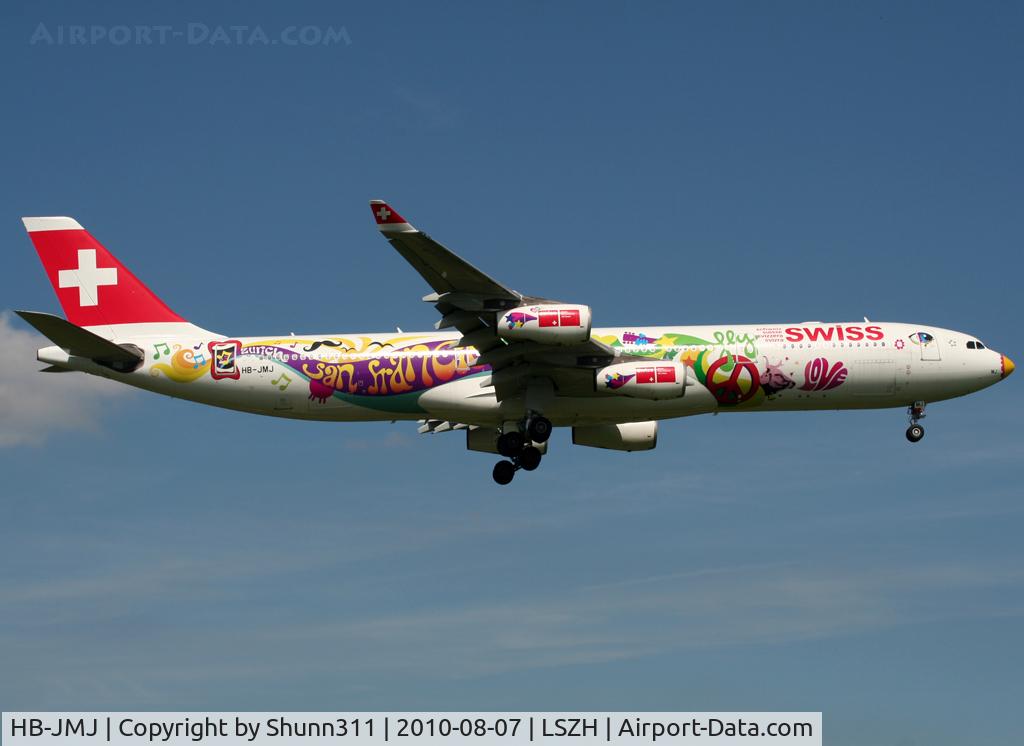 HB-JMJ, 1996 Airbus A340-313X C/N 150, Landing rwy 14 with special 'San Francisco' c/s