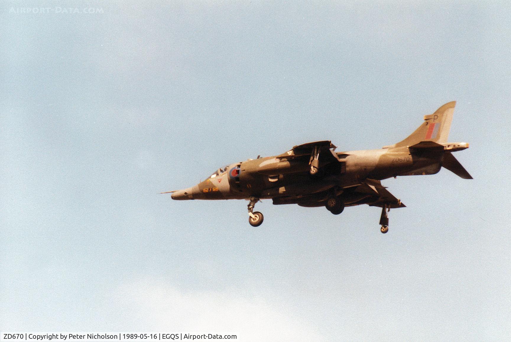 ZD670, 1986 British Aerospace Harrier GR.3 C/N 712231, Harrier GR.3 of 4 Squadron at RAF Gutersloh landing on Runway 23 at RAF Lossiemouth in May 1989.