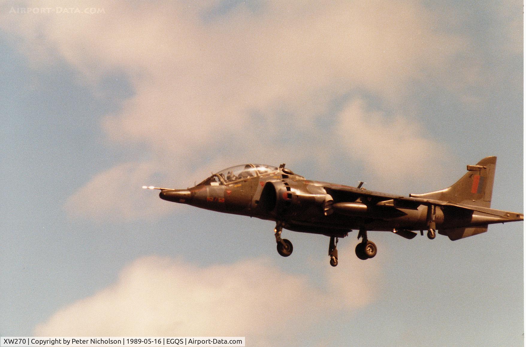 XW270, 1970 Hawker Siddeley Harrier T.4 C/N 212009, Harrier T.4 of 4 Squadron then based at RAF Gutersloh in Germany landing on Runway 23 at RAF Lossiemouth in May 1989.