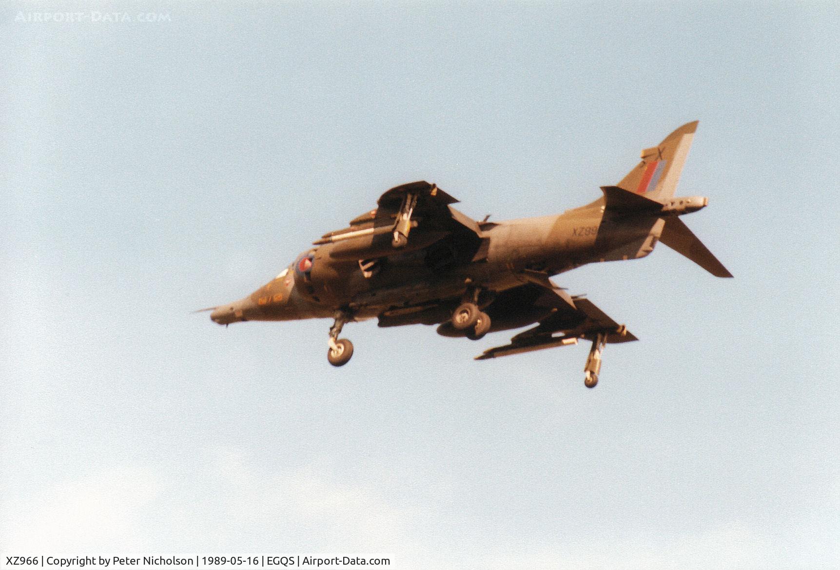 XZ966, 1980 Hawker Siddeley Harrier GR.3 C/N 712202, Harrier GR.3 of 4 Squadron then based at RAF Gutersloh in Germany landing on Runway 23 at RAF Lossiemouth in May 1989.