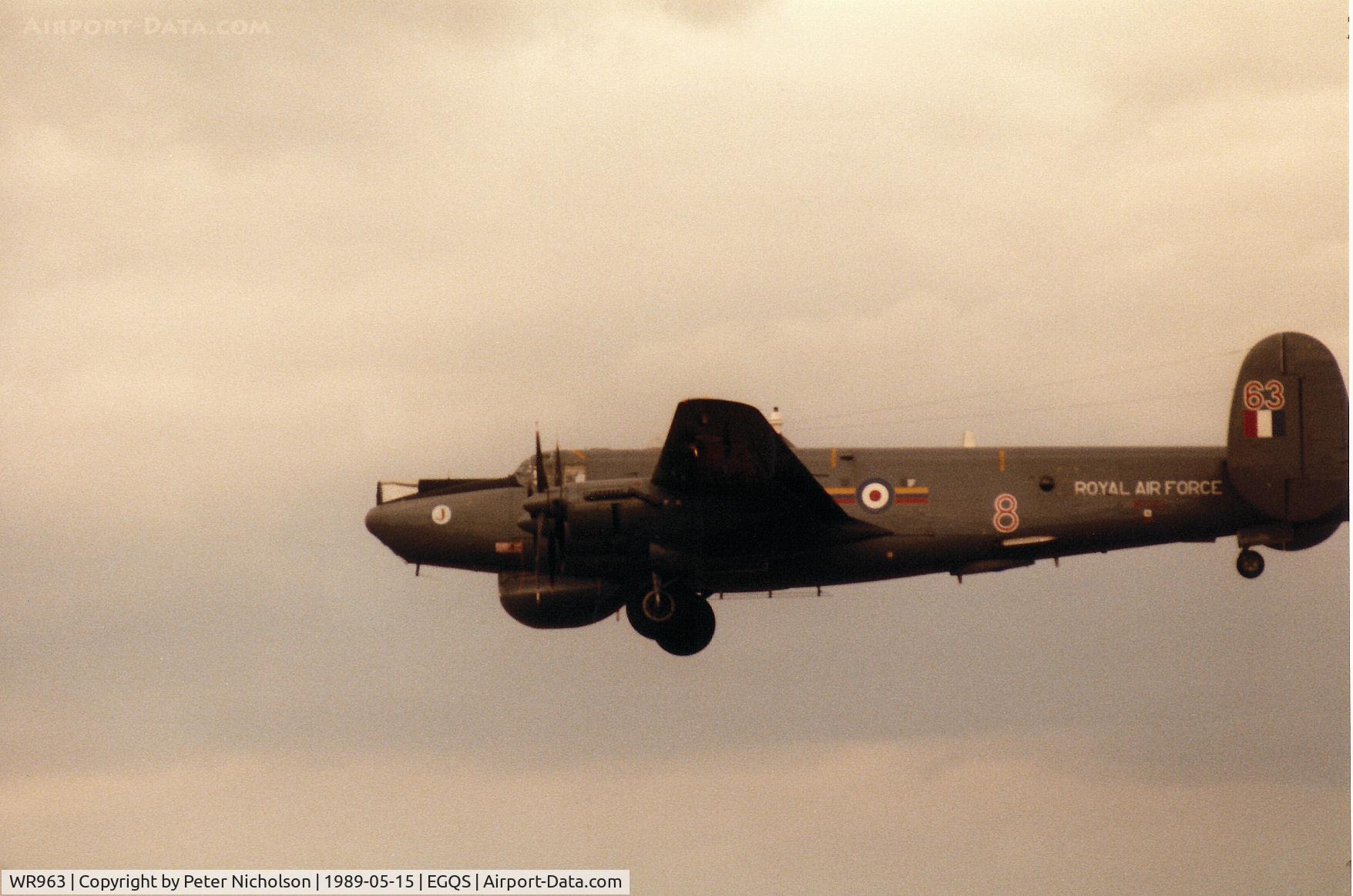 WR963, 1954 Avro 696 Shackleton AEW.2 C/N Not found WR963, Shackleton AEW.2 of 8 Squadron landing on Runway 23 at RAF Lossiemouth in May 1989.