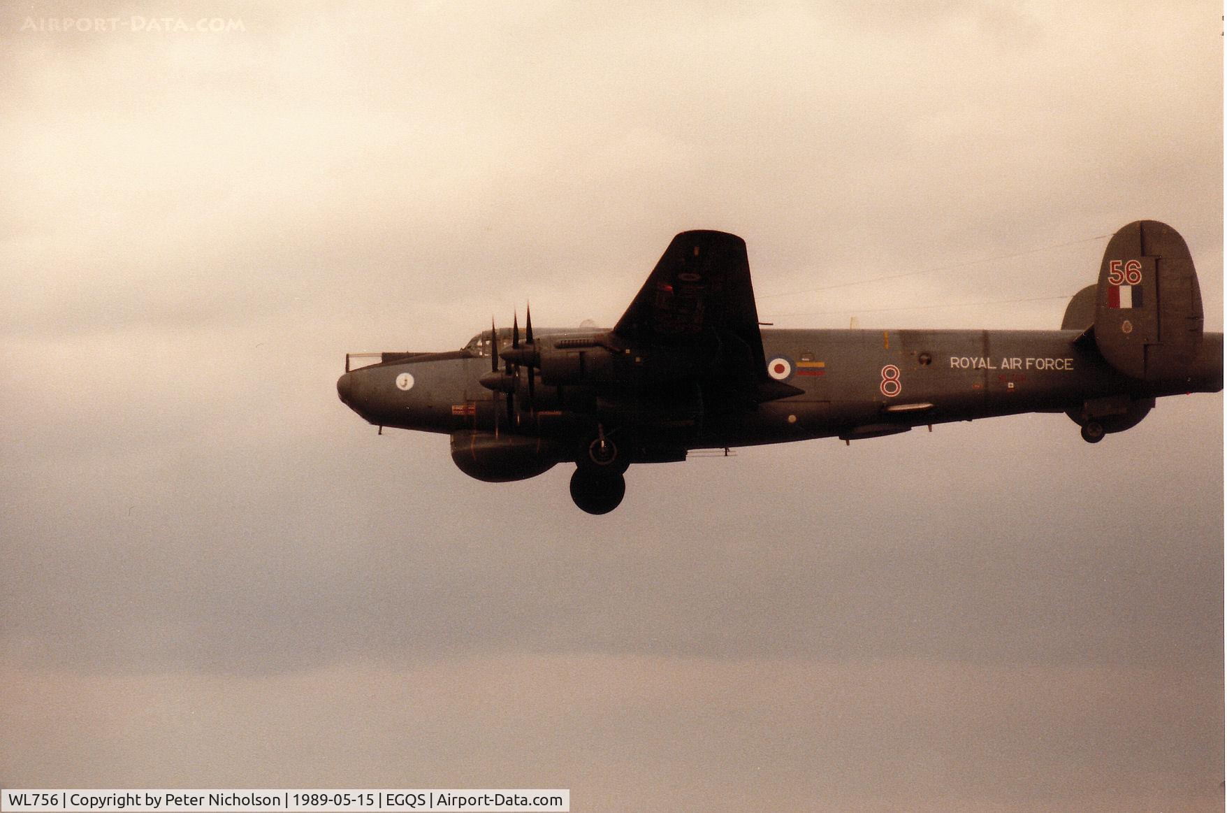 WL756, 1953 Avro 716 Shackleton AEW.2 C/N R3/696/239002, Shackleton AEW.2 of 8 Squadron landing on Runway 23 at RAF Lossiemouth in May 1989.